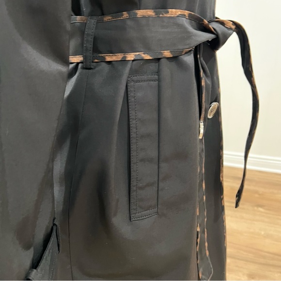 Tahari Black Raincoat Leopard Trim Belted Double Breasted Trench Size S - Picture 6 of 16